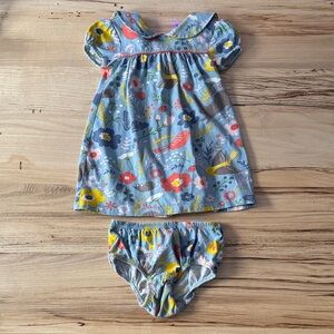 Baby Boden Blue Floral Dress with Bloomers 18-24